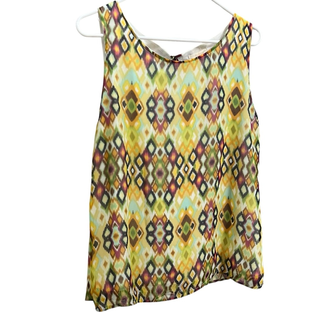 ANTHROPOLOGIE TULLE WOMENS YELLOW DIAMOND PATTERN TANK BEADED BACK TIE LARGE